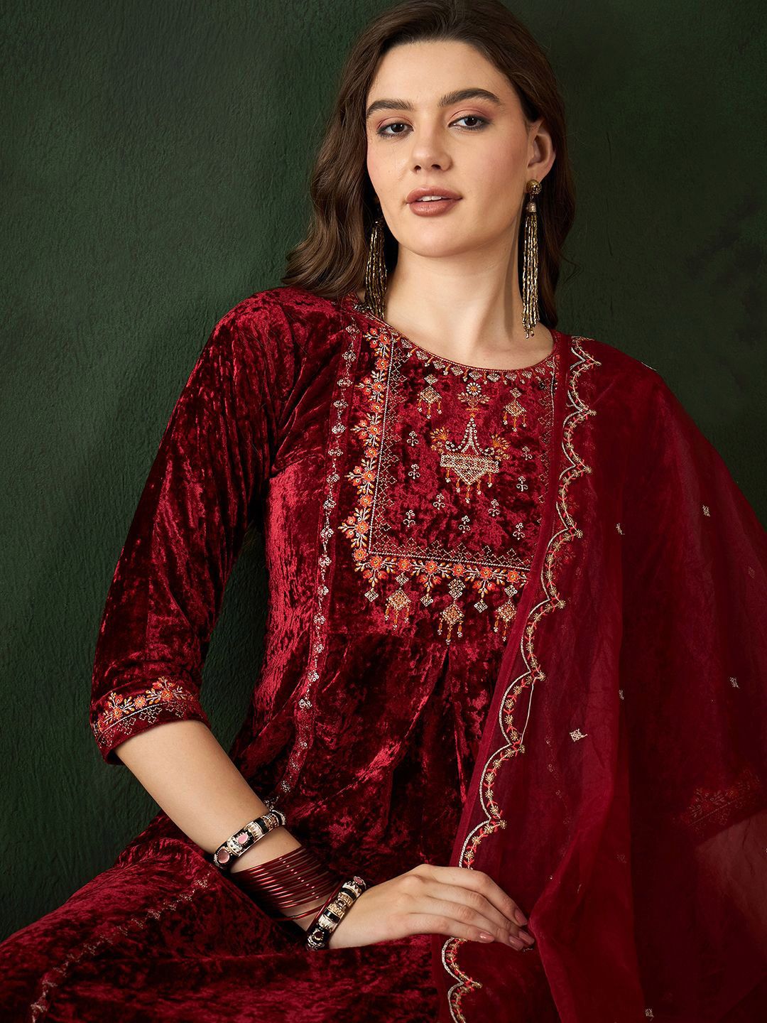 Sangria Embroidered A-Line Kurta & Trousers With Dupatta - Distacart