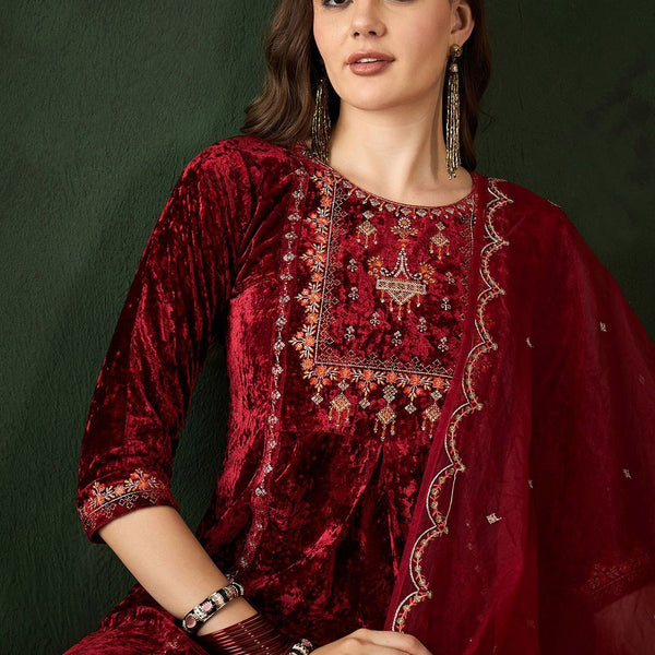 Sangria Embroidered A-Line Kurta & Trousers With Dupatta - Distacart