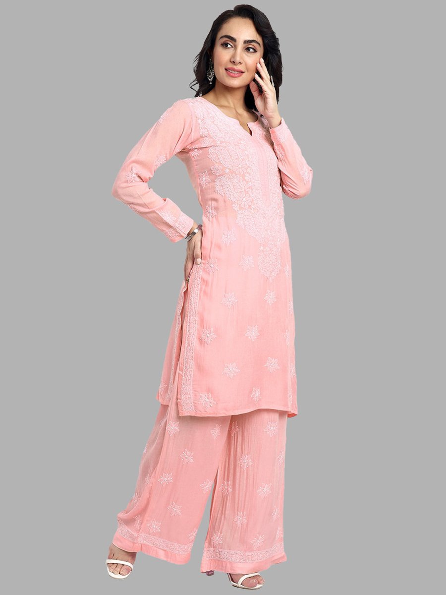 ADA Floral Embroidered Long Sleeves Regular Lucknowi Chikankari Kurta With Palazzos - Distacart