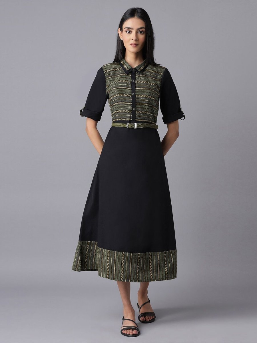 AURELIA Black & black chocolate Checked Tie-Up Neck A-Line Midi Dress - Distacart