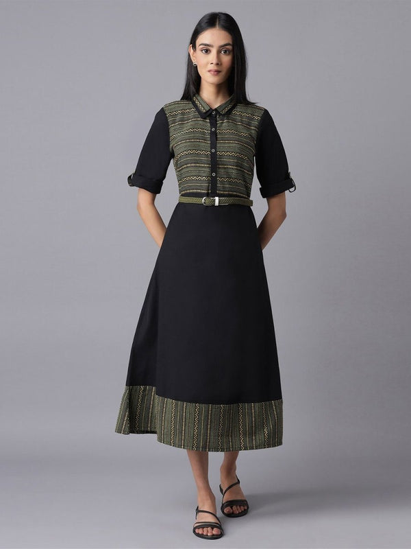 AURELIA Black & black chocolate Checked Tie-Up Neck A-Line Midi Dress