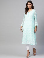 Thumbnail for ADA Women Turquoise Blue & White Chikankari Embroidered Sustainable Handloom Kurta with Trousers & Inner - Distacart