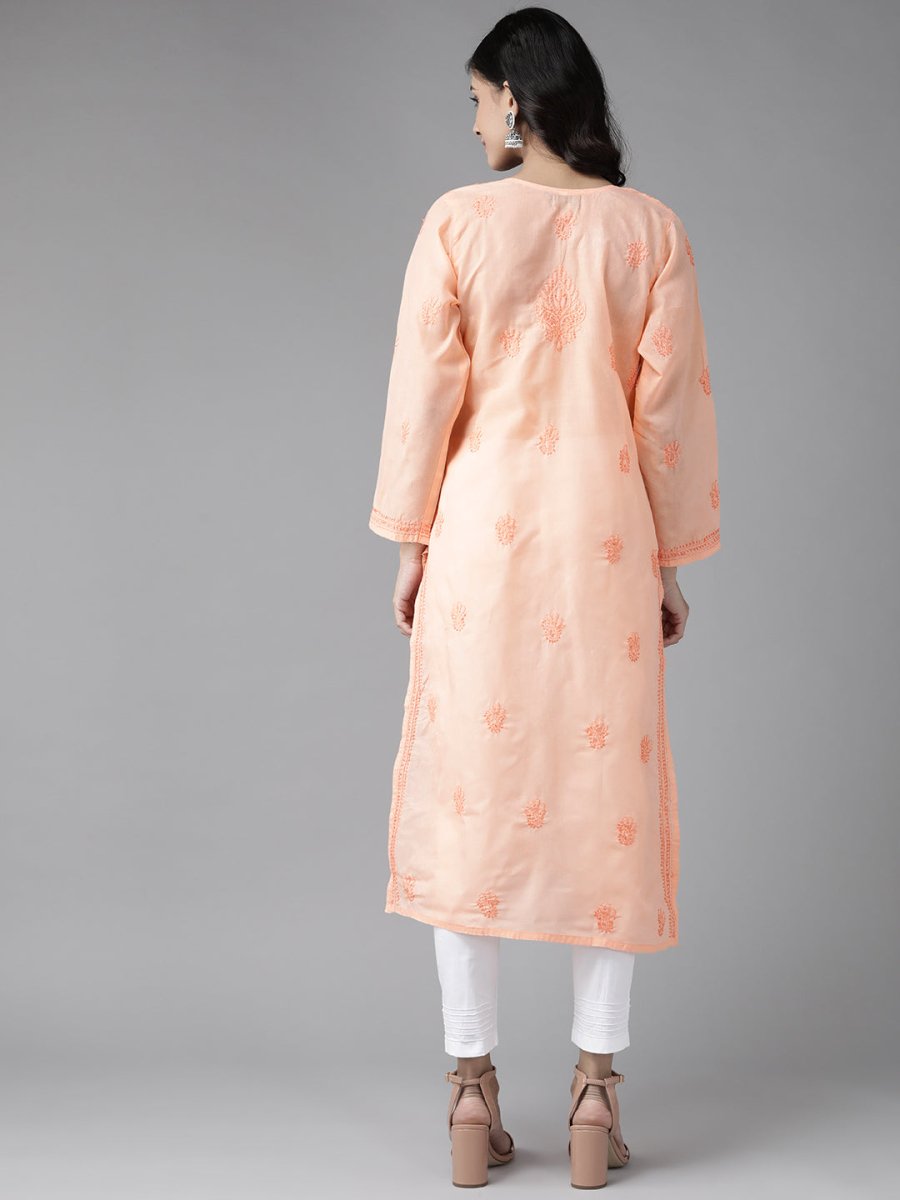 ADA Women Peach-Coloured & White Chikankari Embroidered Handloom Kurta with Cotton Trousers - Distacart