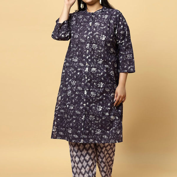 Sztori Plus Size Floral Printed Pure Cotton Straight Kurta with Trousers - Distacart
