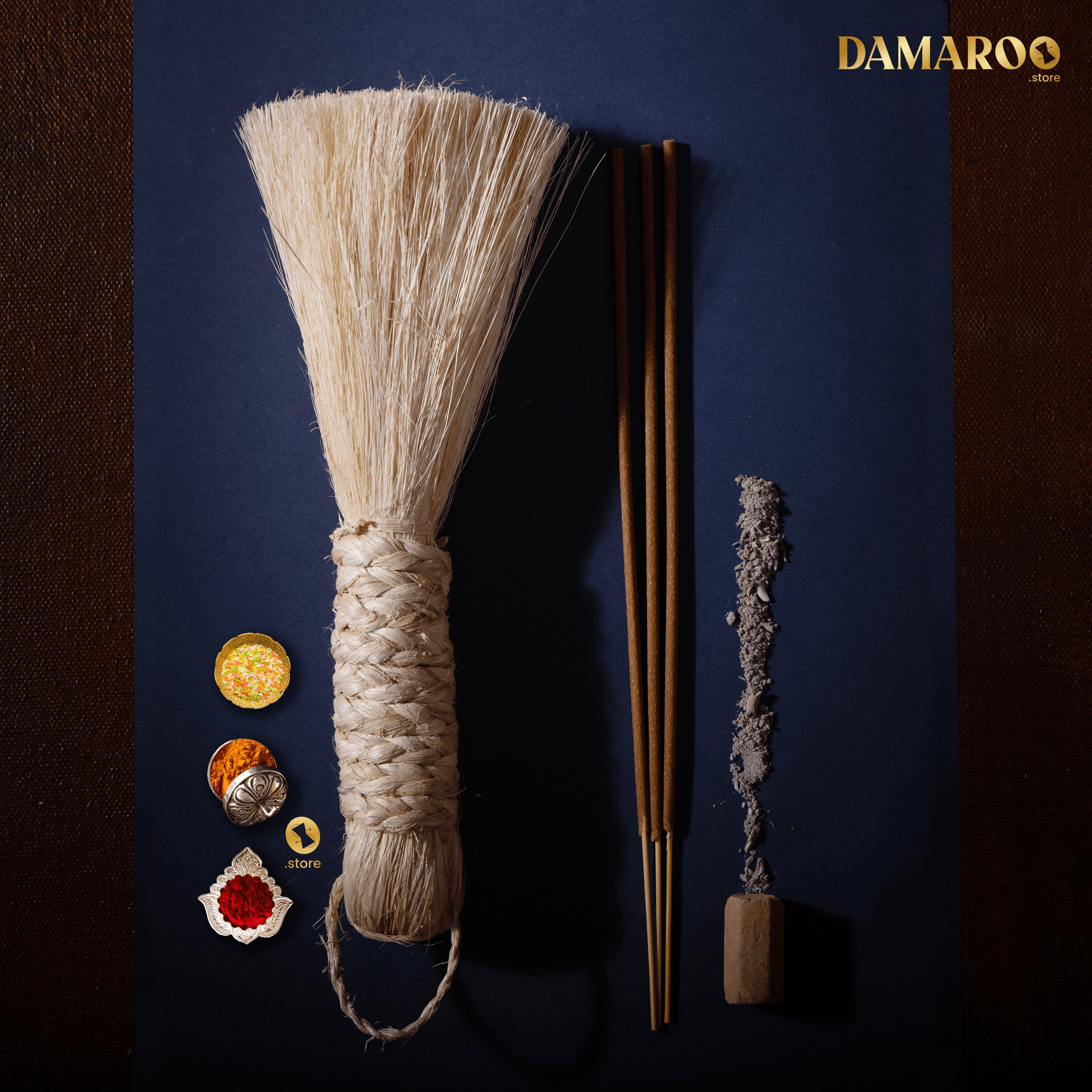 Damaroo 21 cm | Small Jhadu / Broom for Pooja / Temple | Banana Fiber - Beige - Distacart