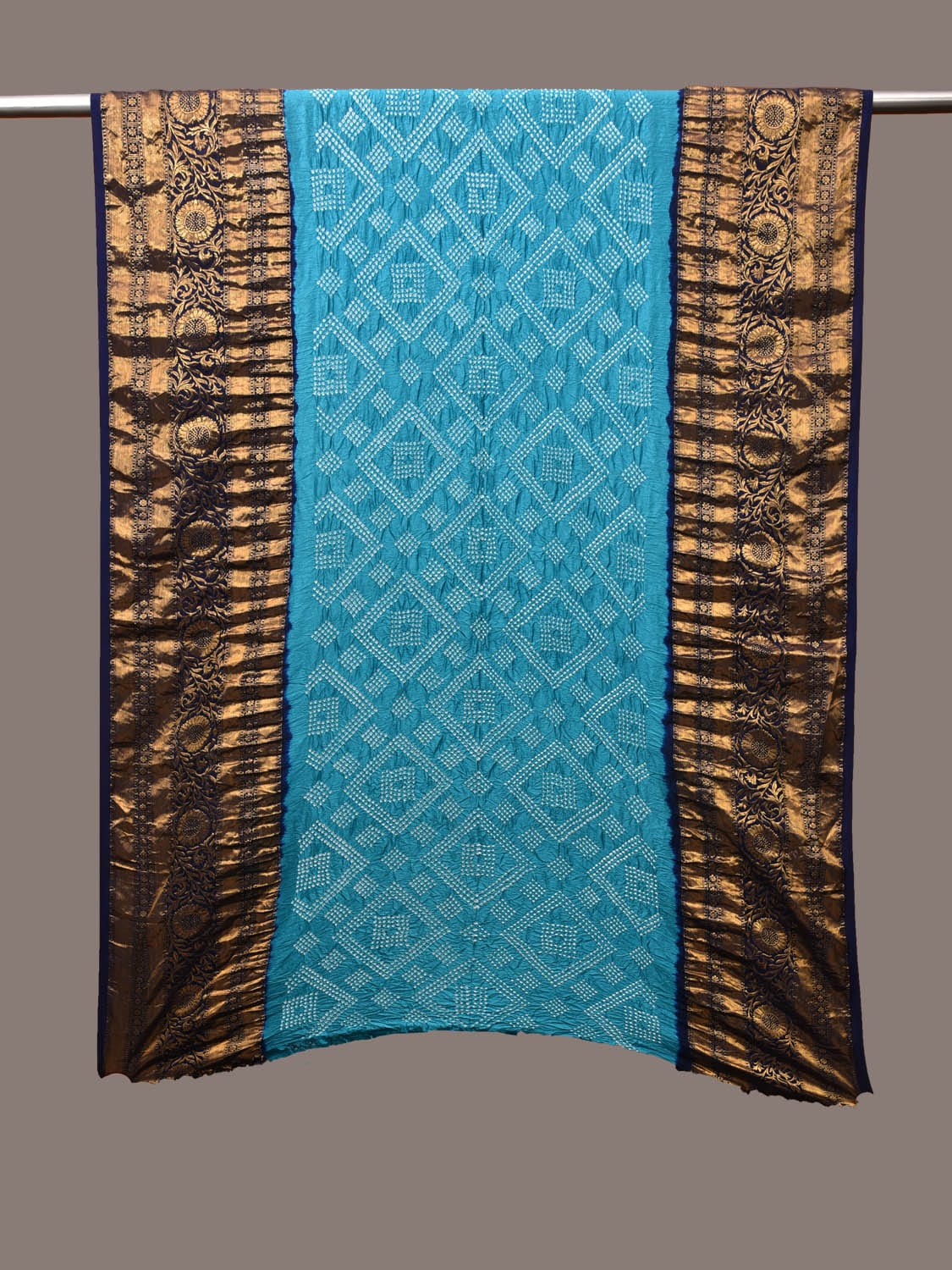 Dark Blue and Blue Bandhani Kanchipuram Silk Handloom Dupatta with Border Design - Global Threads - Distacart