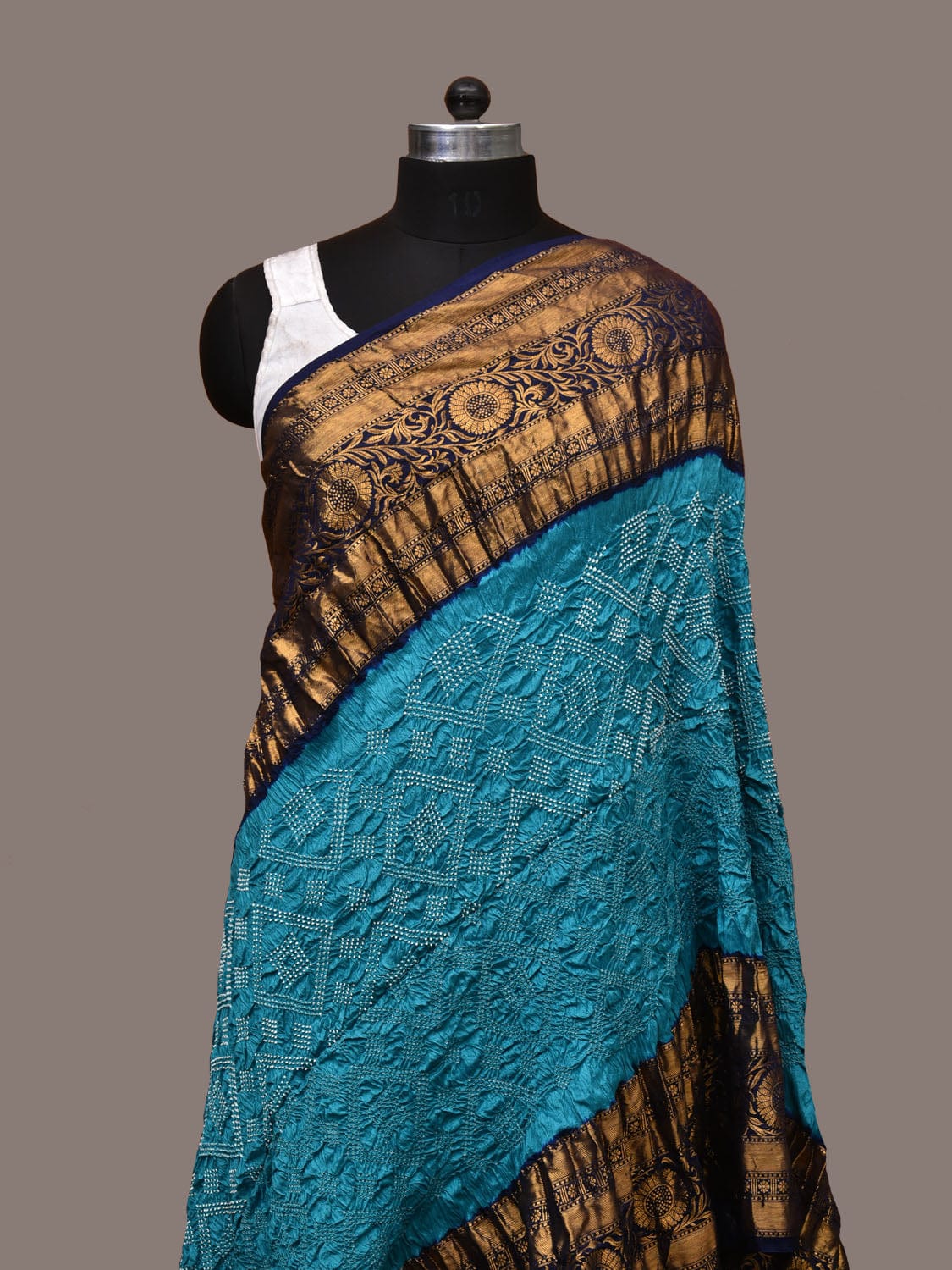 Dark Blue and Blue Bandhani Kanchipuram Silk Handloom Dupatta with Border Design - Global Threads - Distacart