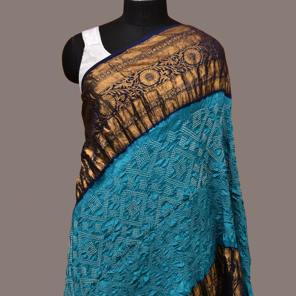 Dark Blue and Blue Bandhani Kanchipuram Silk Handloom Dupatta with Border Design - Global Threads - Distacart