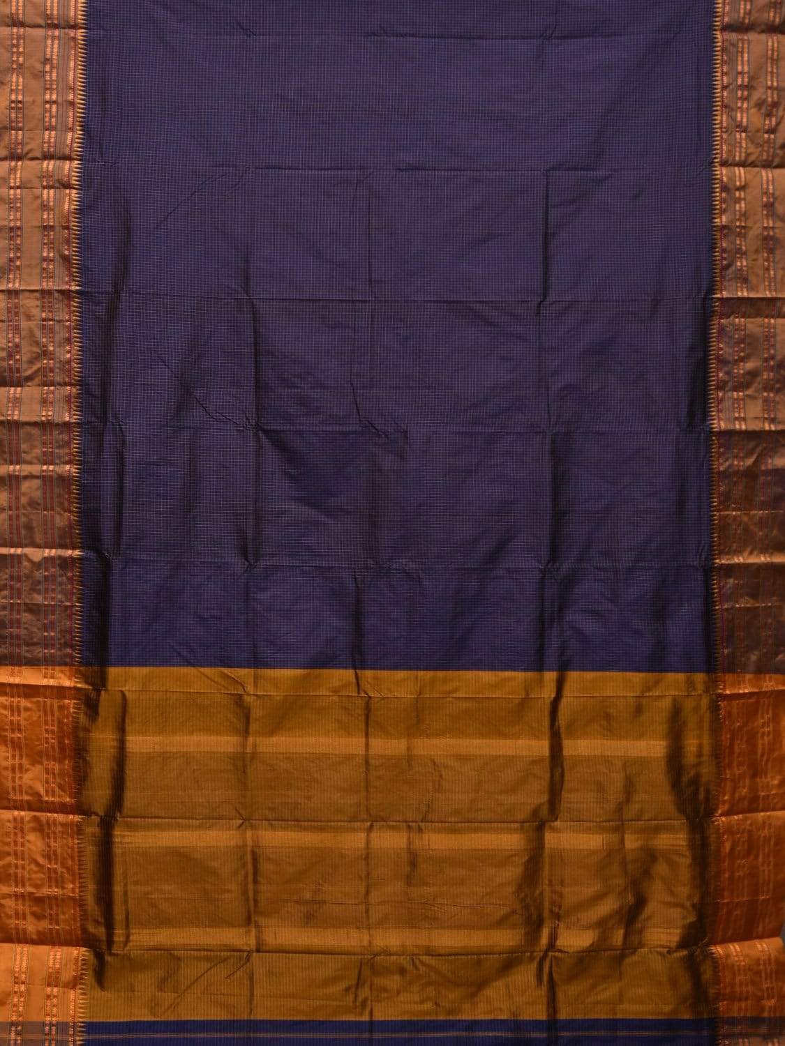 Dark Blue and Mustard Narayanpet Silk Handloom Saree with Checks Design No Blouse - Global Threads - Distacart