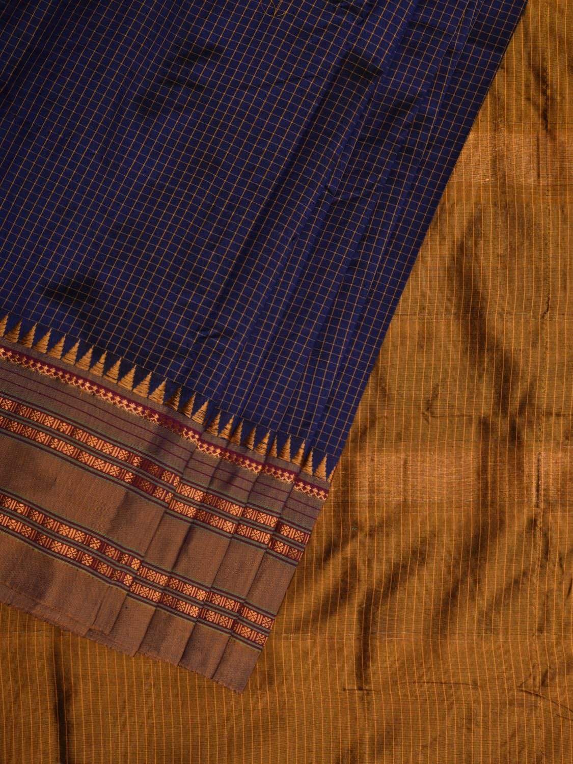 Dark Blue and Mustard Narayanpet Silk Handloom Saree with Checks Design No Blouse - Global Threads - Distacart