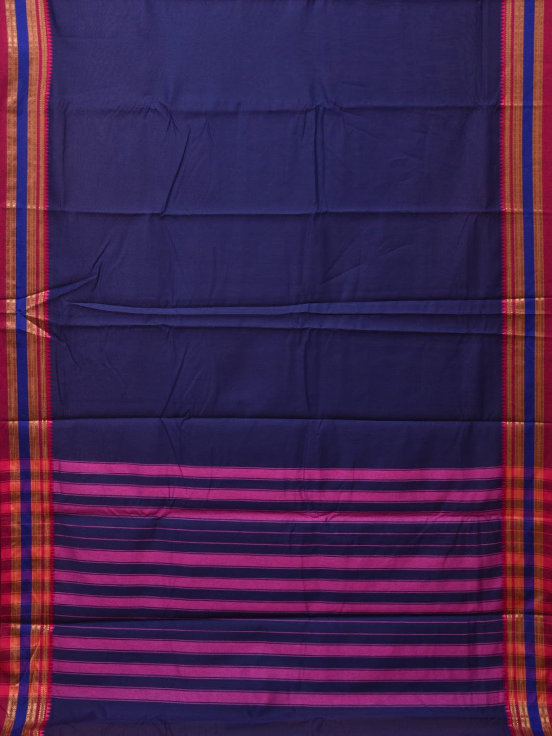 Dark Blue and Pink Bamboo Cotton Plain Saree with Strips Pallu Design No Blouse - Global Threads - Distacart