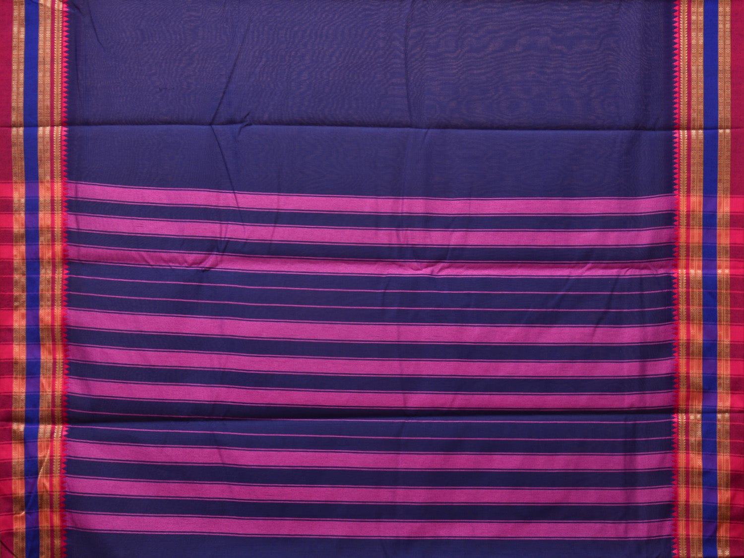 Dark Blue and Pink Bamboo Cotton Plain Saree with Strips Pallu Design No Blouse - Global Threads - Distacart