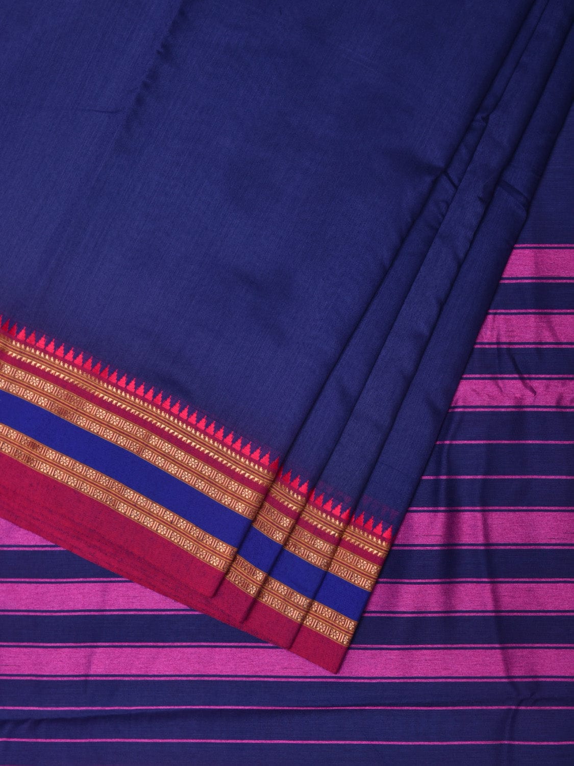 Dark Blue and Pink Bamboo Cotton Plain Saree with Strips Pallu Design No Blouse - Global Threads - Distacart