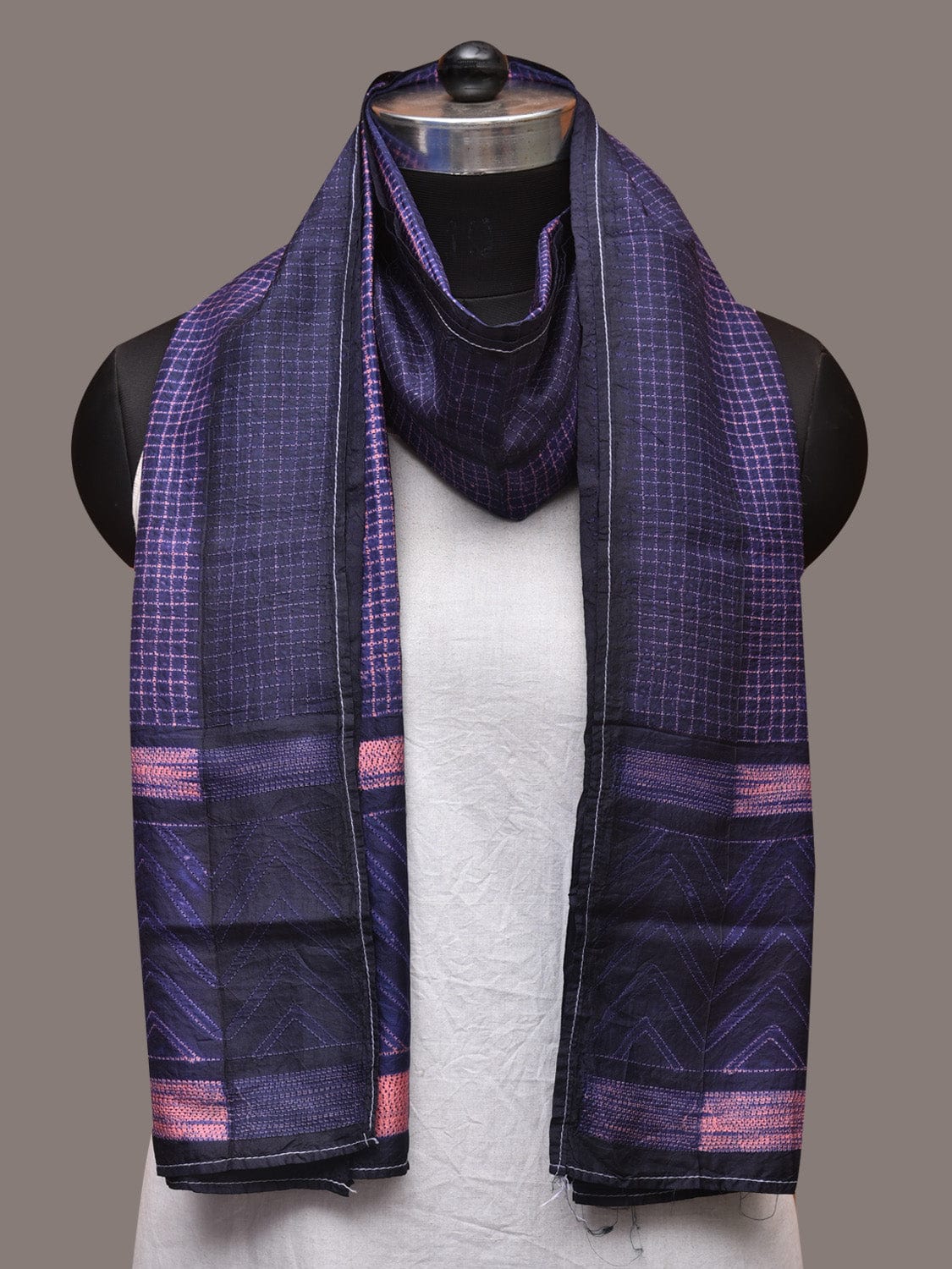 Dark Blue and Pink Shibori Silk Handloom Stole with Checks Design - Global Threads - Distacart