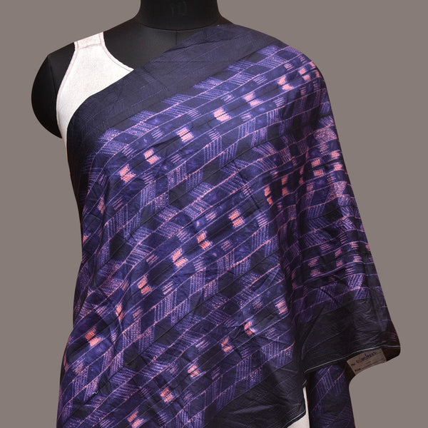 Dark Blue and Pink Shibori Silk Handloom Stole with Zig-Zag Design - Global Threads - Distacart