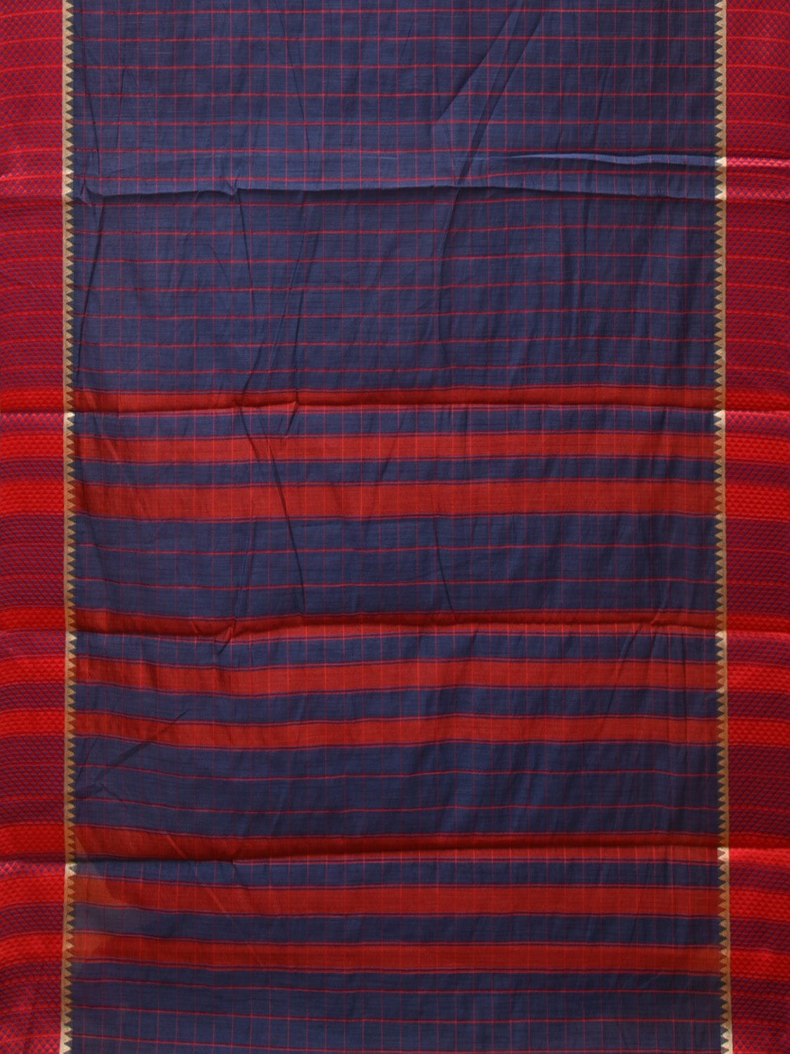 Dark Blue and Red Bamboo Cotton Saree with Big Checks Design No Blouse - Global Threads - Distacart