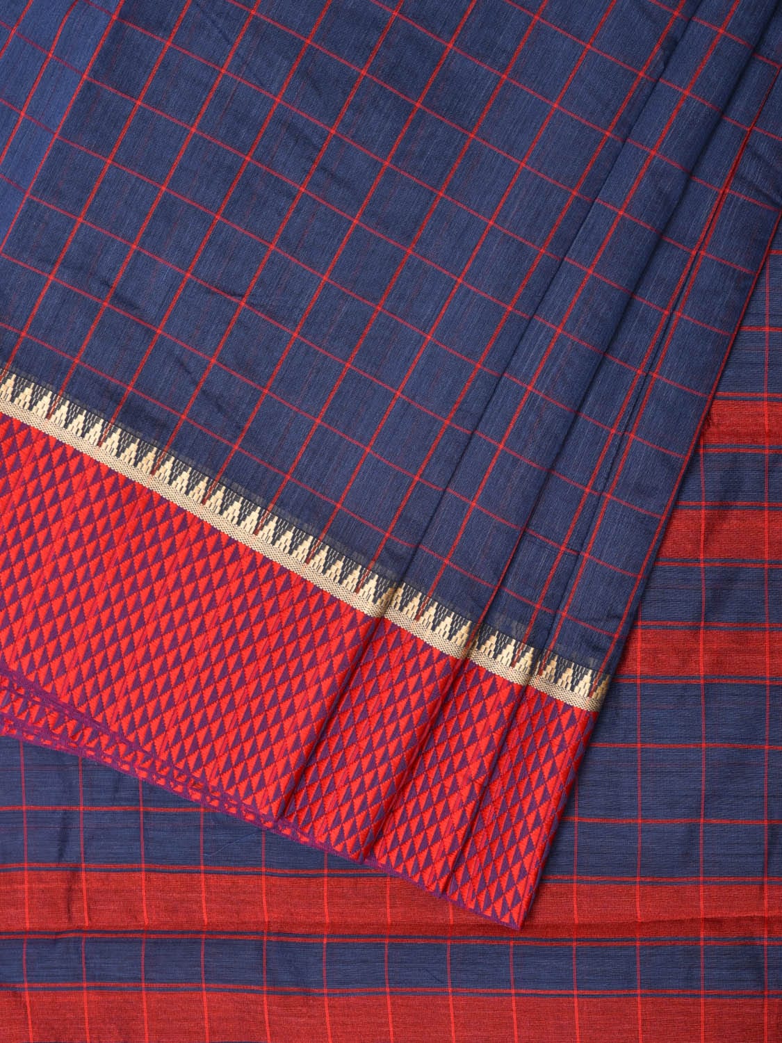 Dark Blue and Red Bamboo Cotton Saree with Big Checks Design No Blouse - Global Threads - Distacart