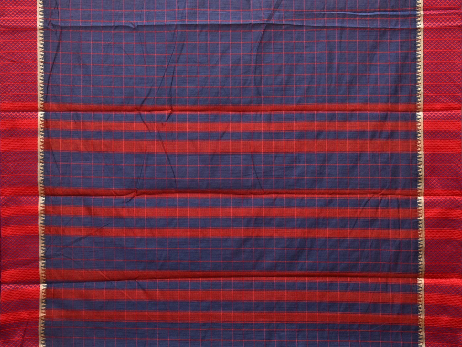 Dark Blue and Red Bamboo Cotton Saree with Big Checks Design No Blouse - Global Threads - Distacart