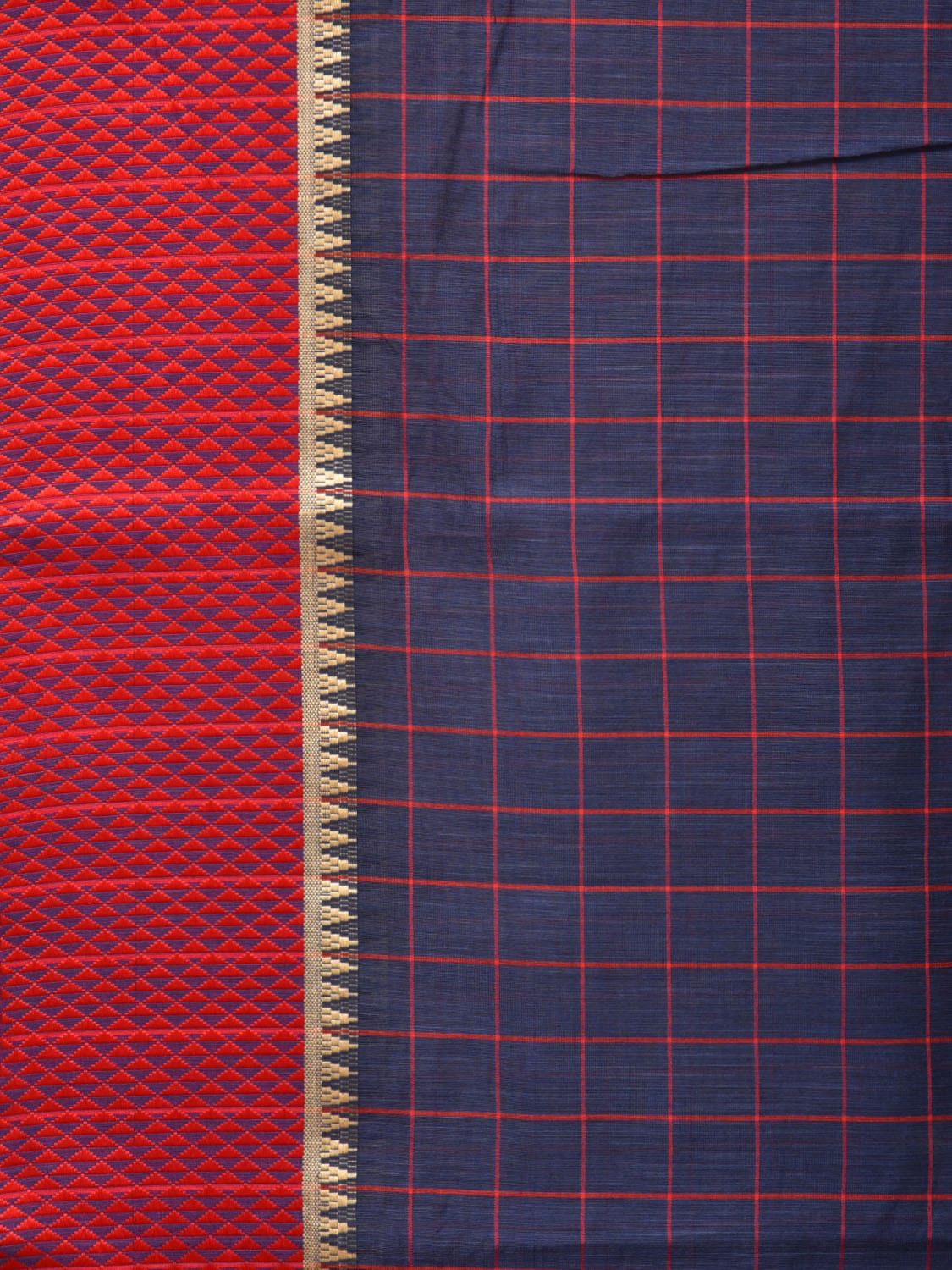Dark Blue and Red Bamboo Cotton Saree with Big Checks Design No Blouse - Global Threads - Distacart