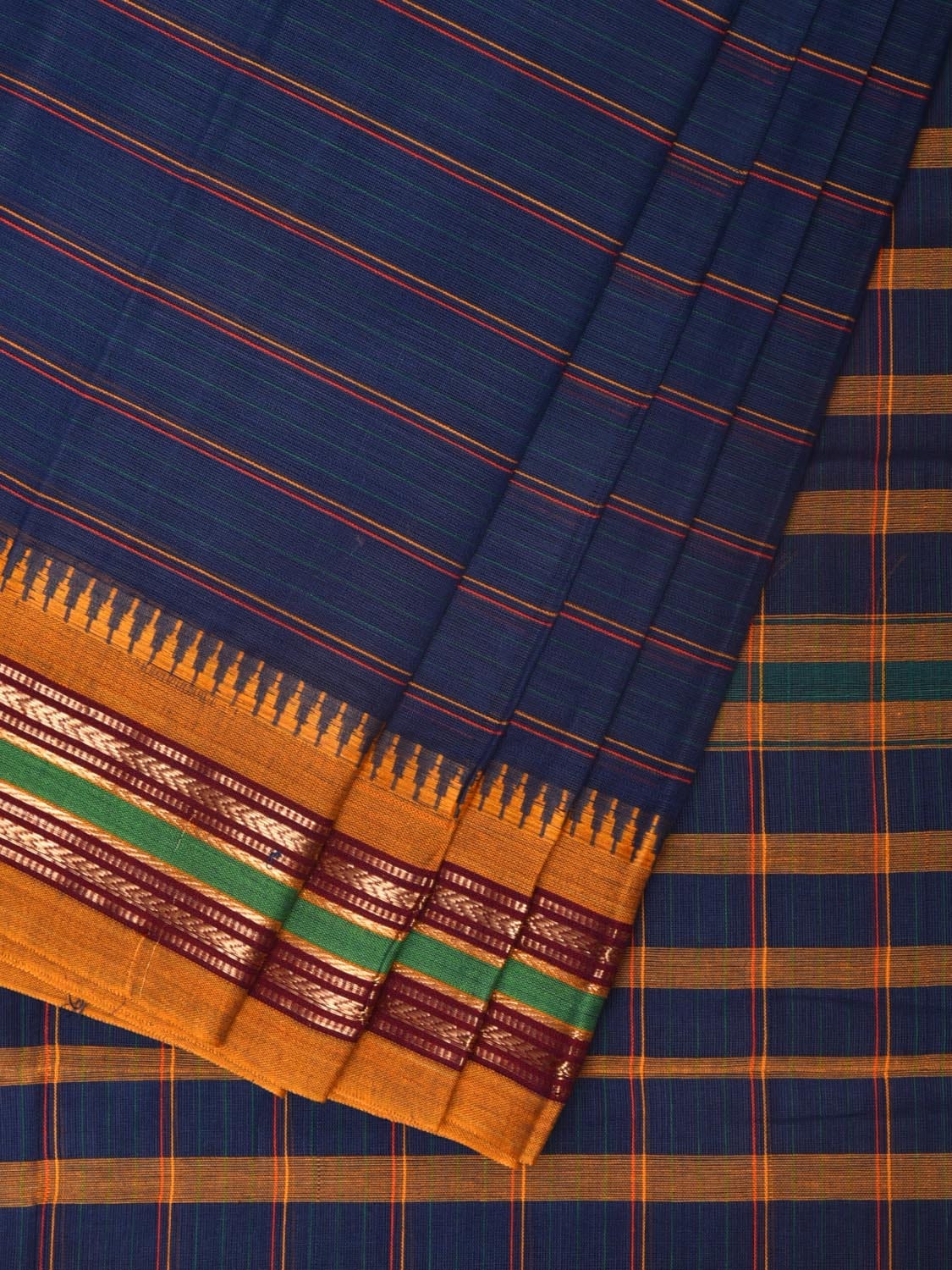 Dark Blue Narayanpet Cotton Handloom Saree with Strips Design No Blouse - Global Threads - Distacart