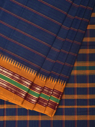 Dark Blue Narayanpet Cotton Handloom Saree with Strips Design No Blouse - Global Threads - Distacart