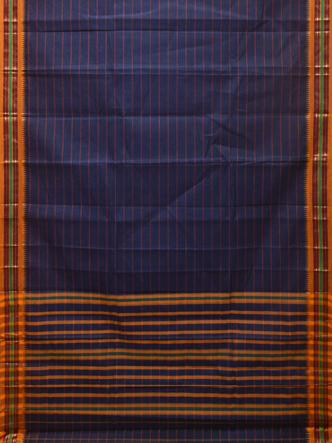 Dark Blue Narayanpet Cotton Handloom Saree with Strips Design No Blouse - Global Threads - Distacart