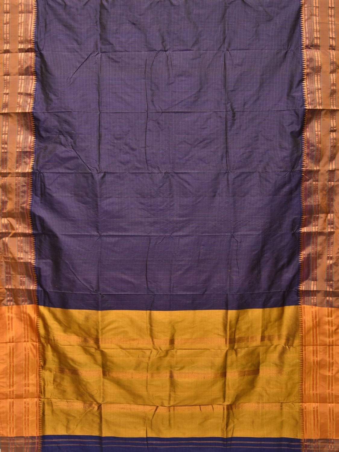 Dark Blue Narayanpet Silk Handloom Saree with Checks Design No Blouse - Global Threads - Distacart