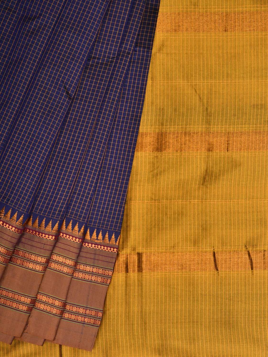 Dark Blue Narayanpet Silk Handloom Saree with Checks Design No Blouse - Global Threads - Distacart