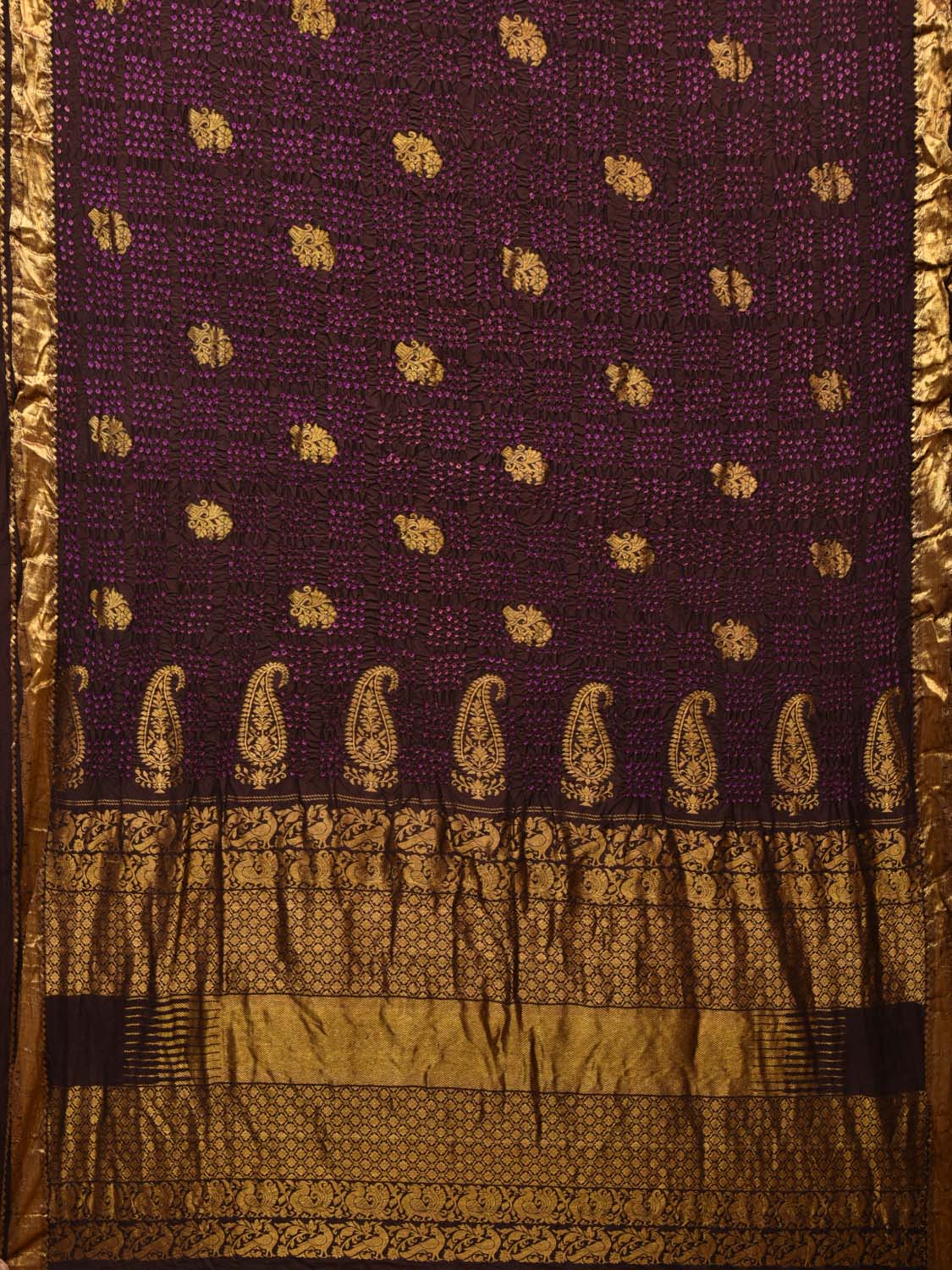 Dark Brown Bandhani Kanchipuram Silk Handloom Saree with Mango Pallu Design - Global Threads - Distacart