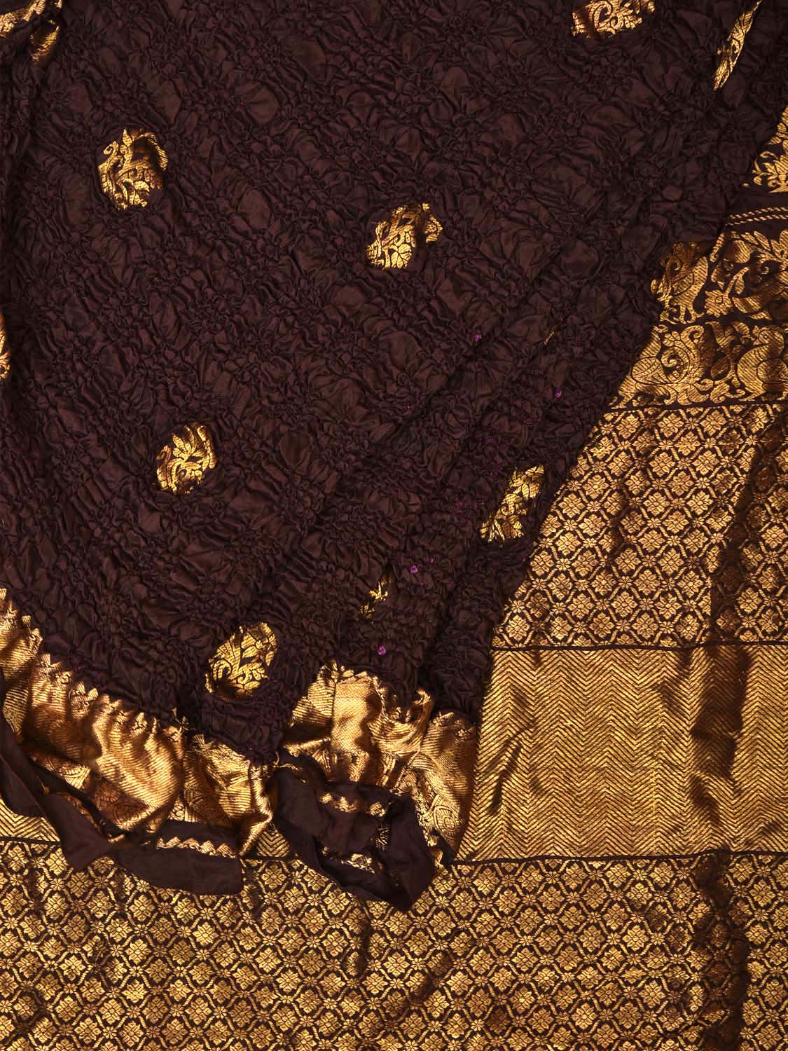 Dark Brown Bandhani Kanchipuram Silk Handloom Saree with Mango Pallu Design - Global Threads - Distacart