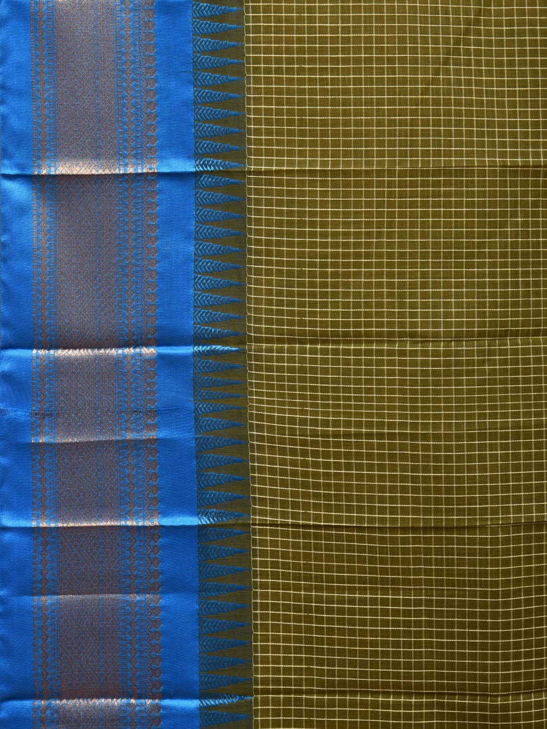 Dark Green and Blue Gadwal Cotton Plain Saree with Checks and Pallu Design No Blouse - Global Threads - Distacart