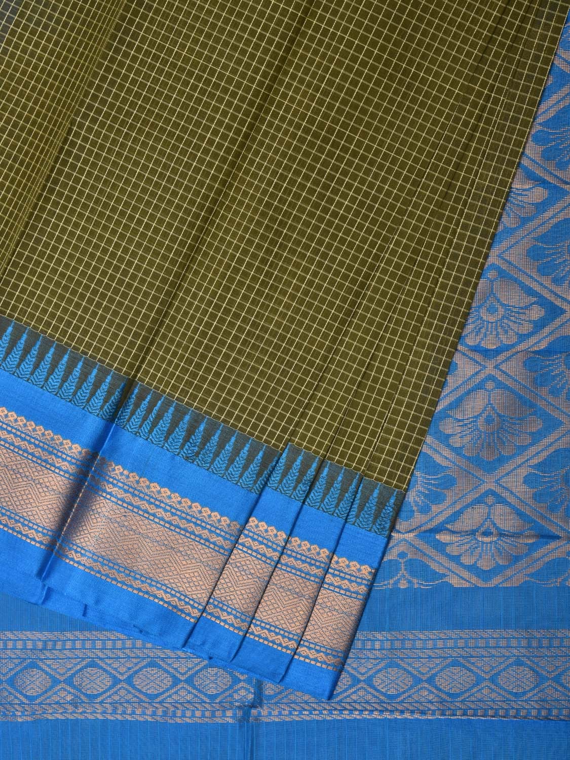 Dark Green and Blue Gadwal Cotton Plain Saree with Checks and Pallu Design No Blouse - Global Threads - Distacart