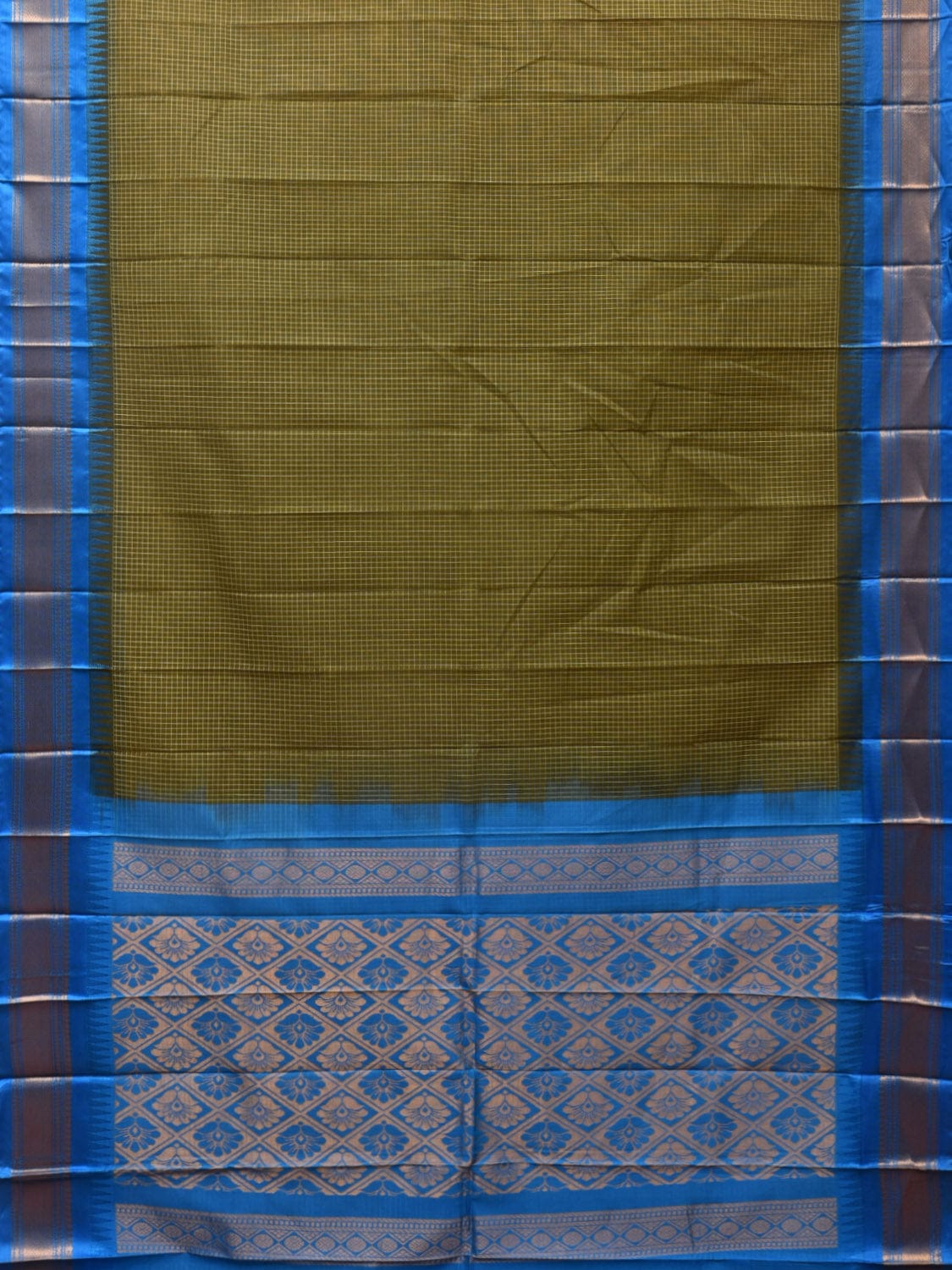 Dark Green and Blue Gadwal Cotton Plain Saree with Checks and Pallu Design No Blouse - Global Threads - Distacart