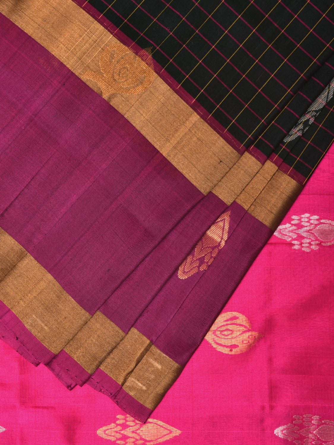 Dark Green and Purple Uppada Silk Handloom Saree with Checks and Body Buta Design - Global Threads - Distacart
