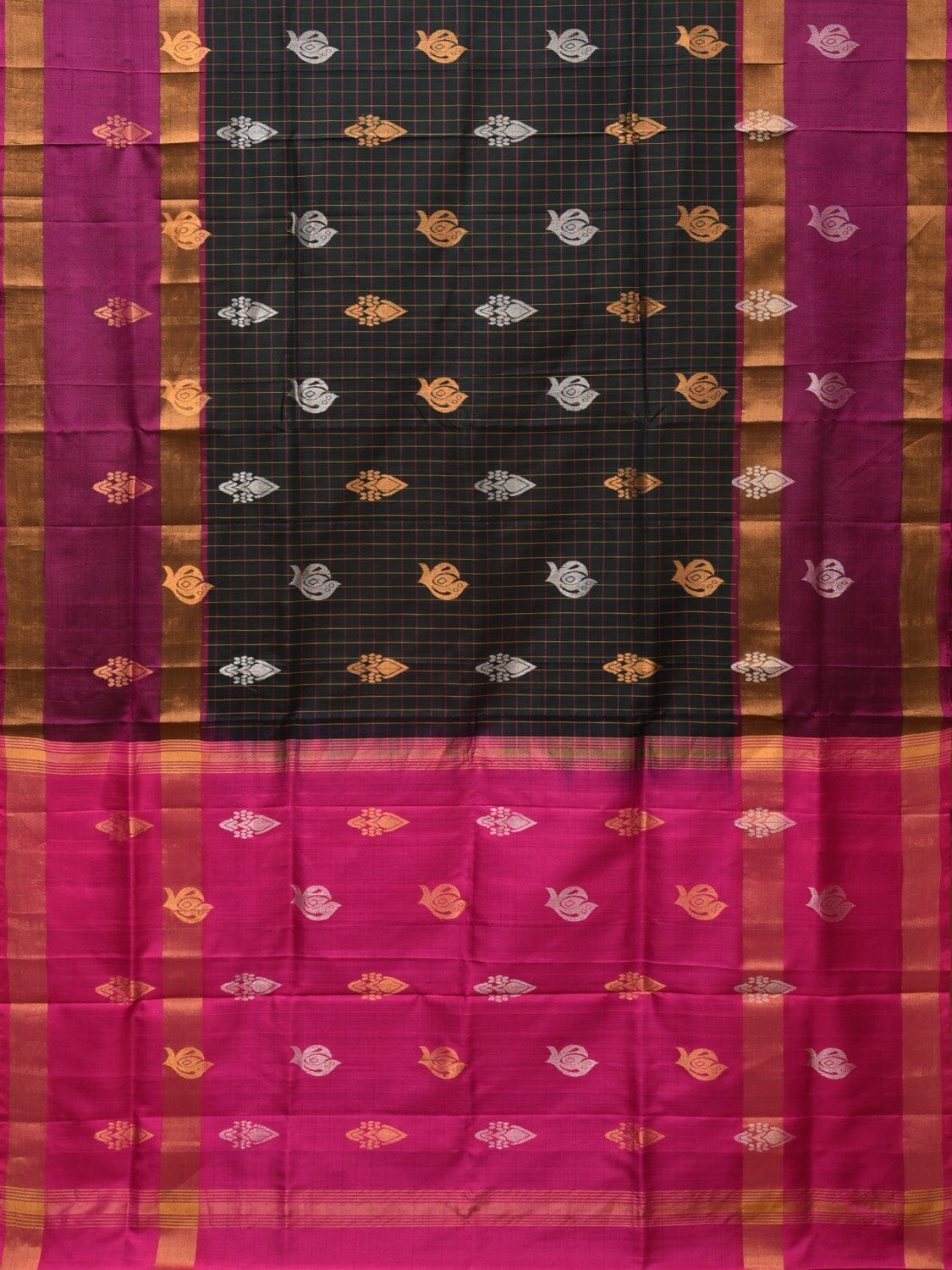 Dark Green and Purple Uppada Silk Handloom Saree with Checks and Body Buta Design - Global Threads - Distacart