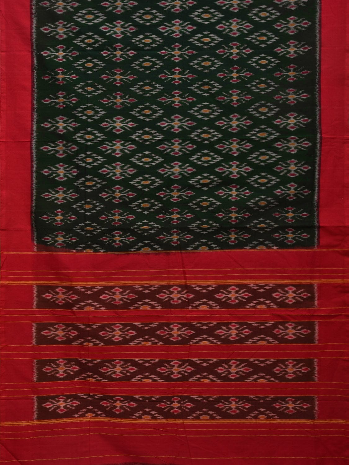 Dark Green and Red Pochampally Ikat Cotton Handloom Saree with All Over Design - Global Threads - Distacart