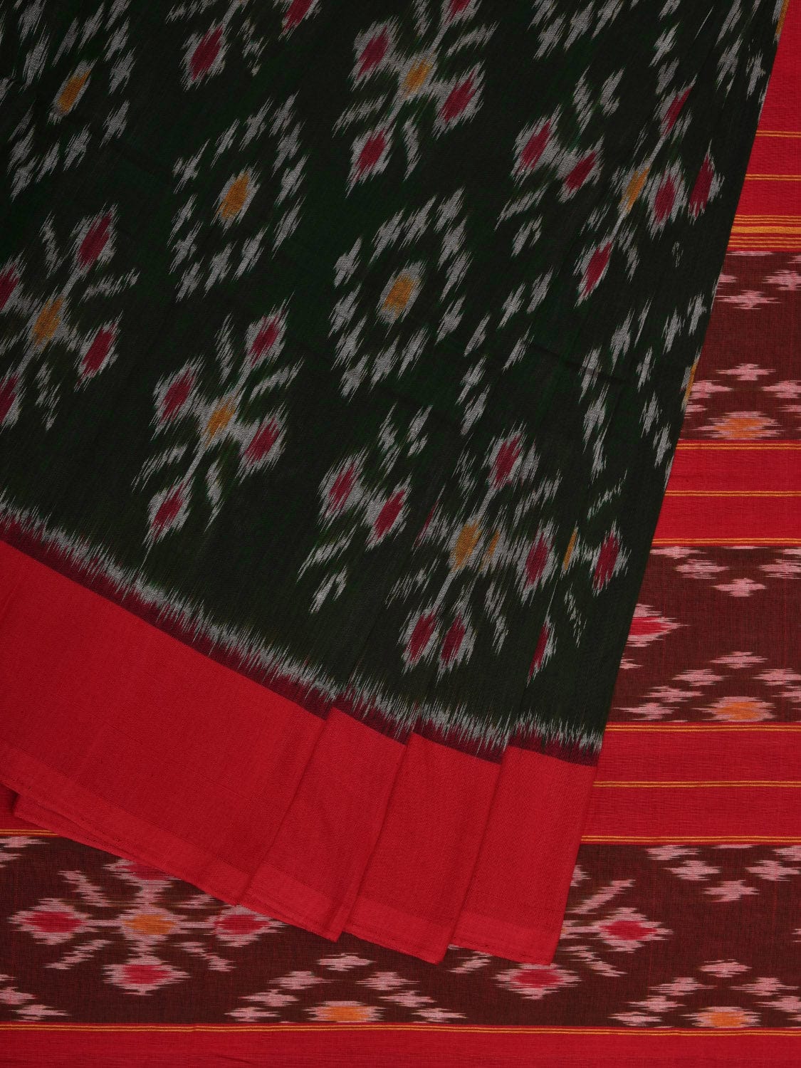 Dark Green and Red Pochampally Ikat Cotton Handloom Saree with All Over Design - Global Threads - Distacart