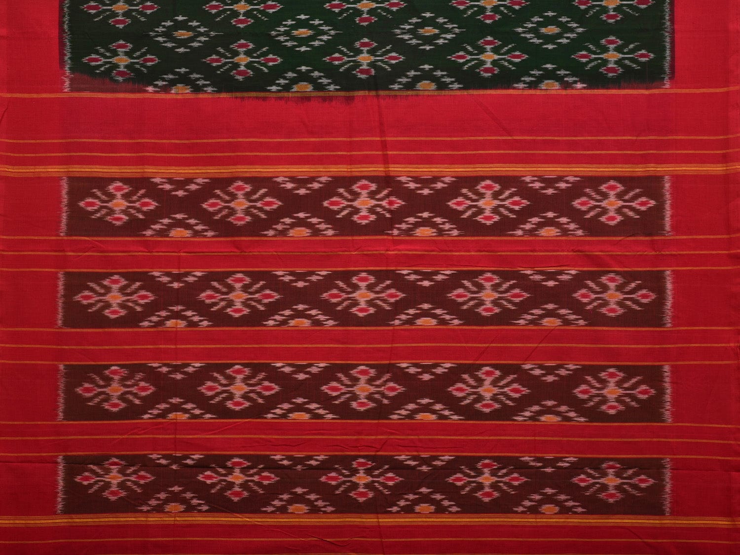 Dark Green and Red Pochampally Ikat Cotton Handloom Saree with All Over Design - Global Threads - Distacart