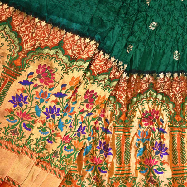 Dark Green Bandhani Paithani Silk Handloom Saree with One Side Border Design - Global Threads - Distacart