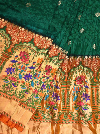 Dark Green Bandhani Paithani Silk Handloom Saree with One Side Border Design - Global Threads - Distacart
