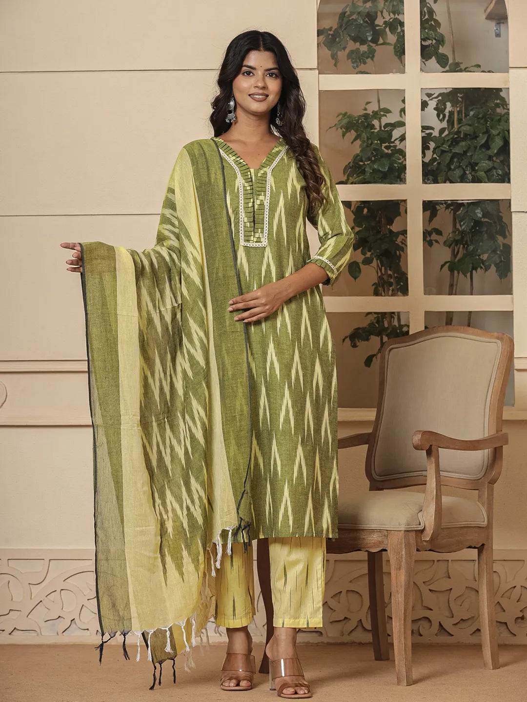 Yufta Dark Green Ikat Print Straight Strappy Kurta Trouser And Dupatta Set