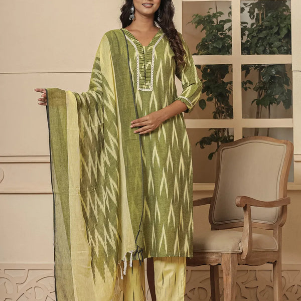 Yufta Dark Green Ikat Print Straight Strappy Kurta Trouser And Dupatta Set - Distacart