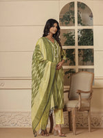 Thumbnail for Yufta Dark Green Ikat Print Straight Strappy Kurta Trouser And Dupatta Set