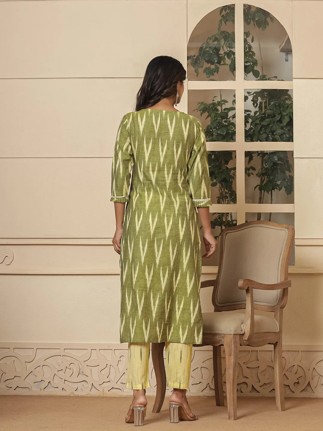Yufta Dark Green Ikat Print Straight Strappy Kurta Trouser And Dupatta Set