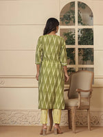 Thumbnail for Yufta Dark Green Ikat Print Straight Strappy Kurta Trouser And Dupatta Set