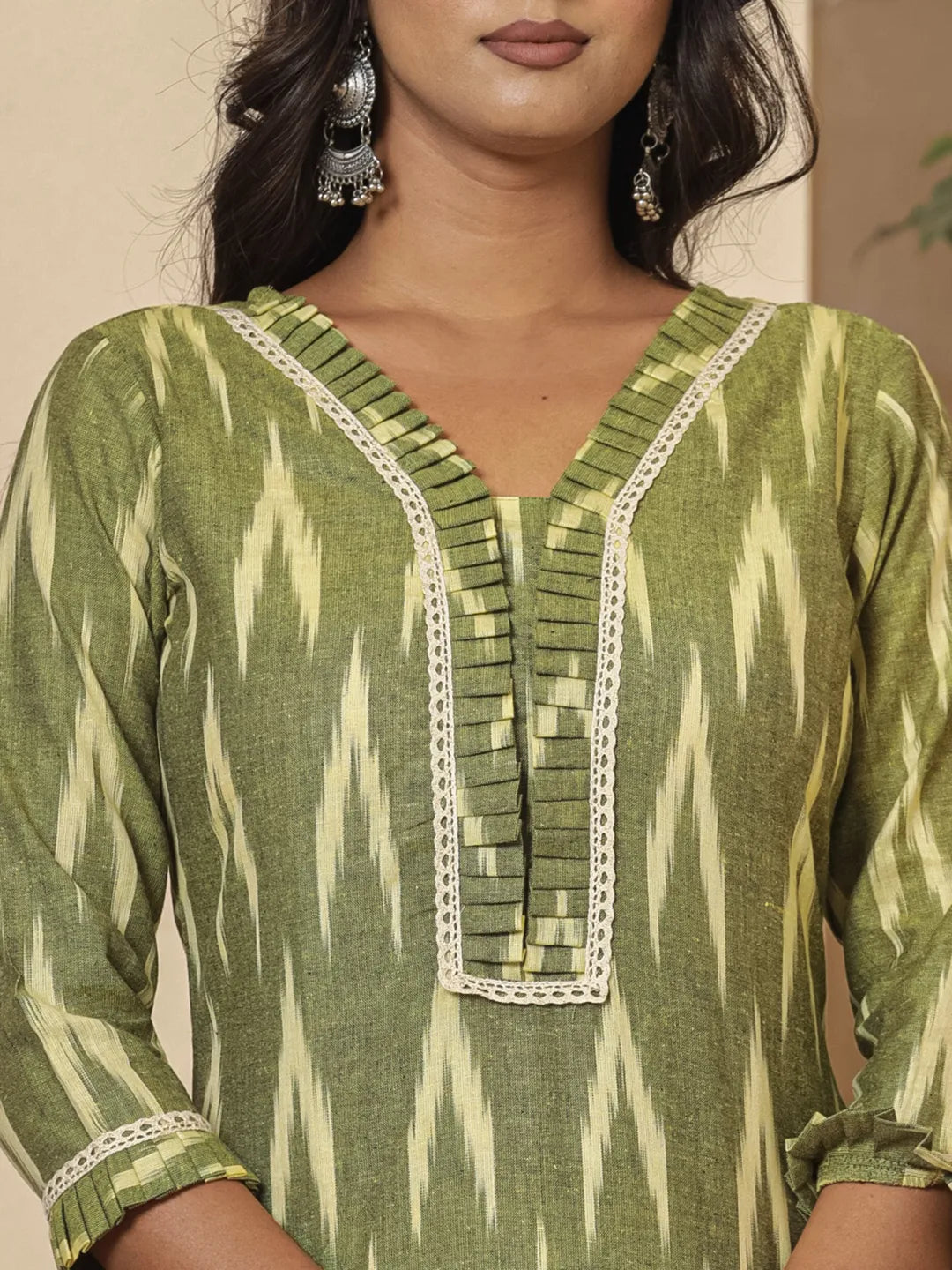 Yufta Dark Green Ikat Print Straight Strappy Kurta Trouser And Dupatta Set
