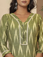 Thumbnail for Yufta Dark Green Ikat Print Straight Strappy Kurta Trouser And Dupatta Set