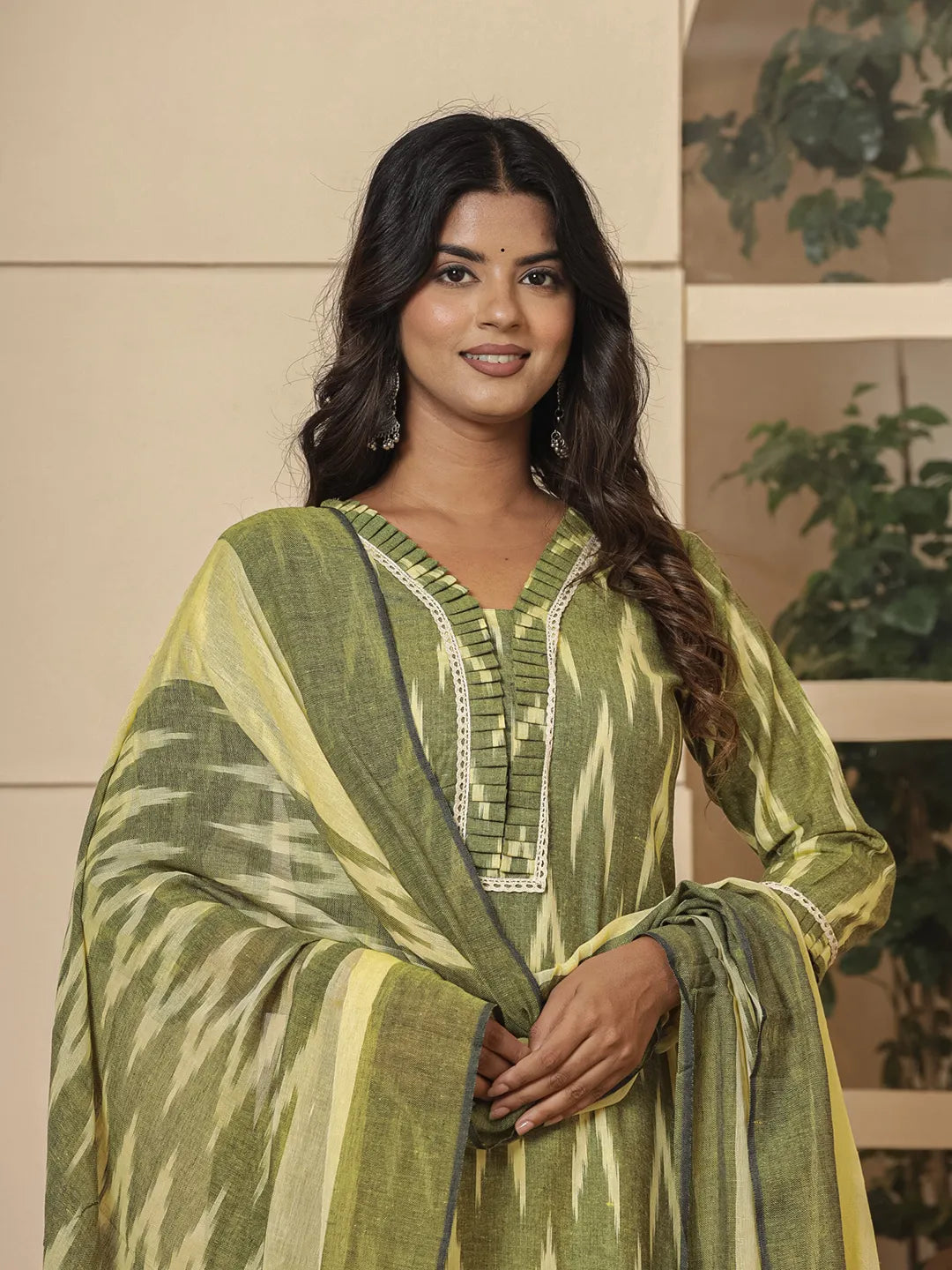Yufta Dark Green Ikat Print Straight Strappy Kurta Trouser And Dupatta Set