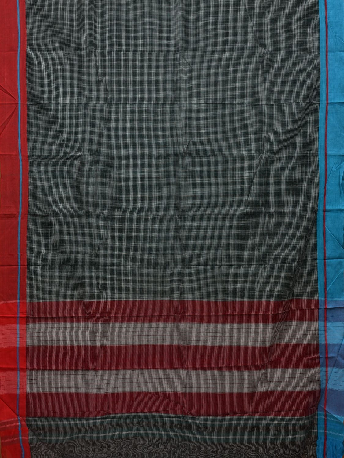 Dark Green ilkal Cotton Handloom Saree with Checks and Ganga-Jamuna Border Design No Blouse - Global Threads - Distacart