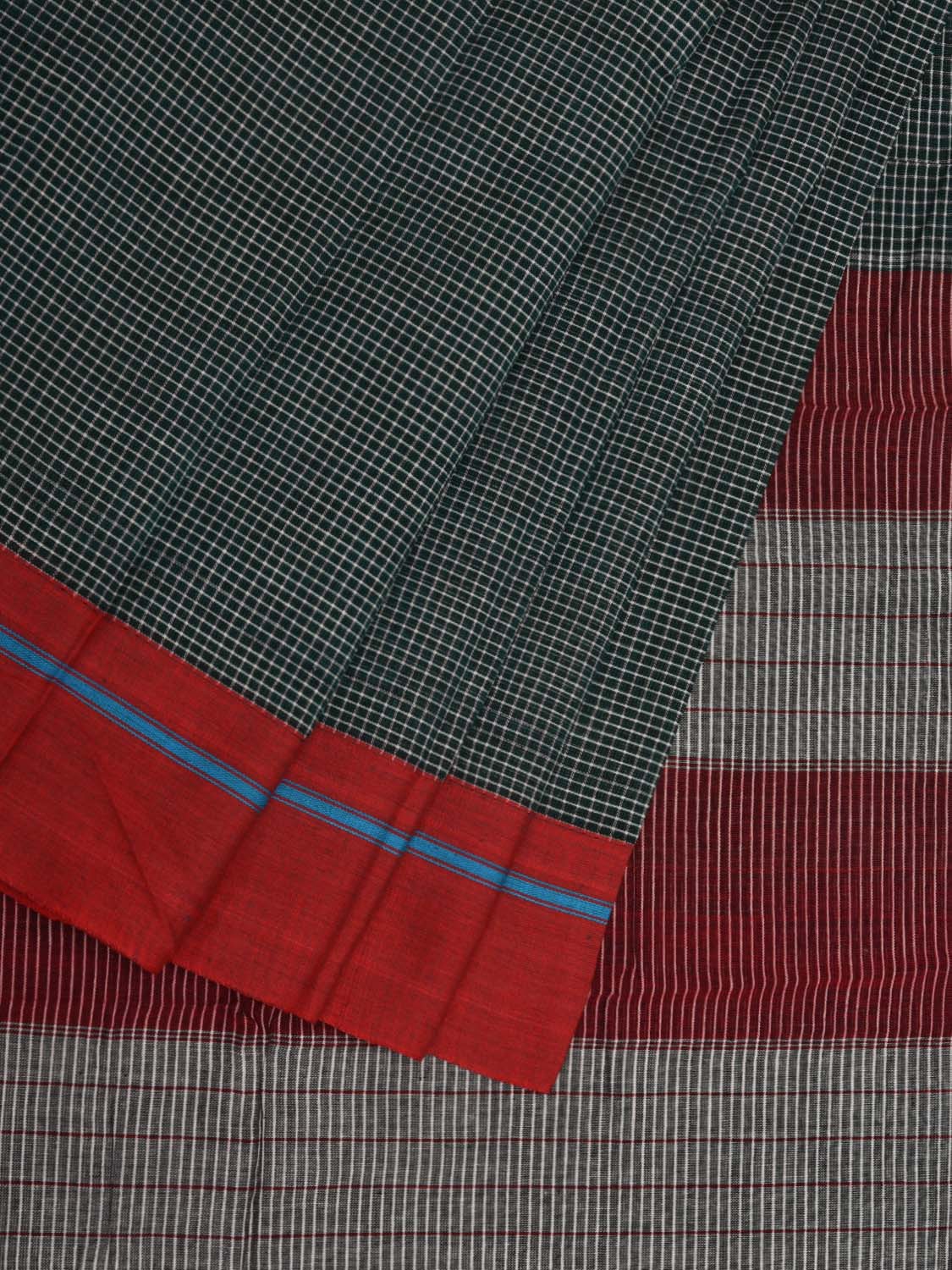 Dark Green ilkal Cotton Handloom Saree with Checks and Ganga-Jamuna Border Design No Blouse - Global Threads - Distacart